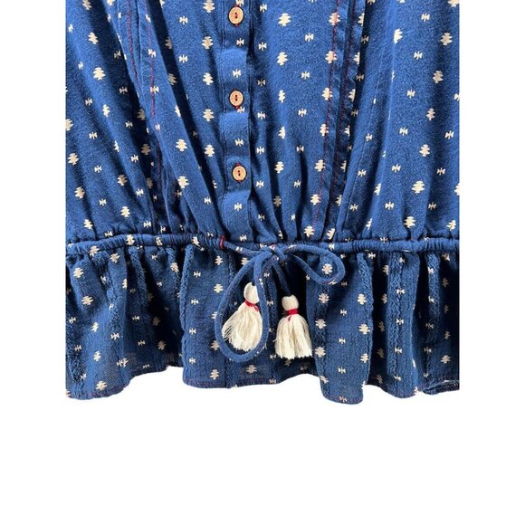 Lucky Brand Womens XL Blue Polka Dot Button-Up Blouse With Tassels & Ruffles - Picture 3 of 9